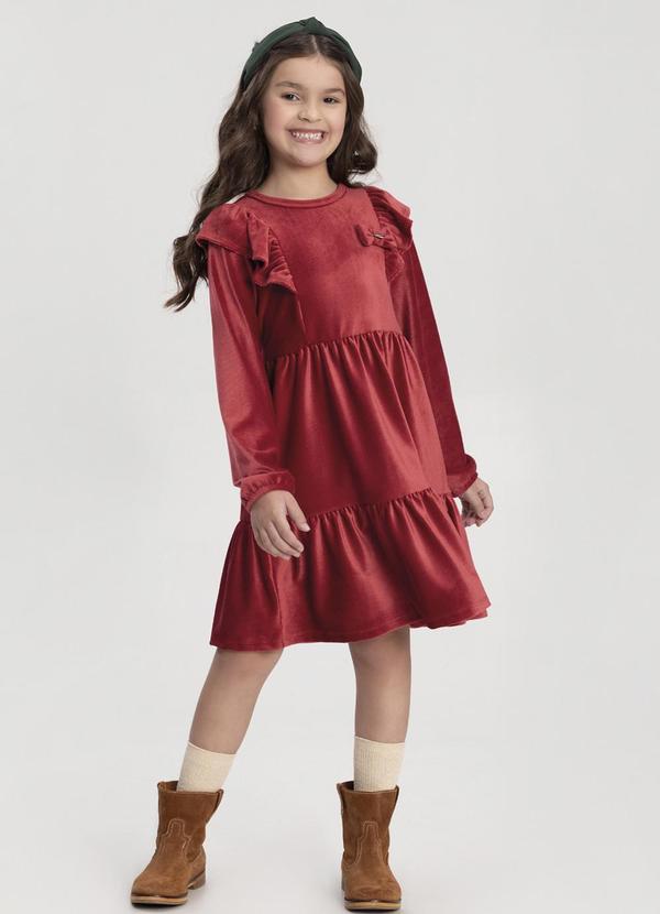 Vestido com Babados em Tecido Veludo Vermelho