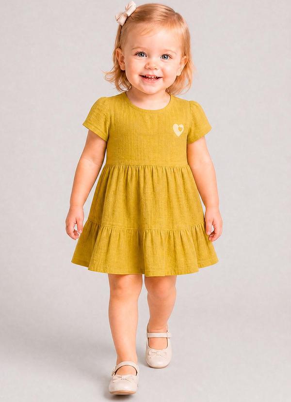 Vestido com Bordado e Saia em Camadas Amarelo