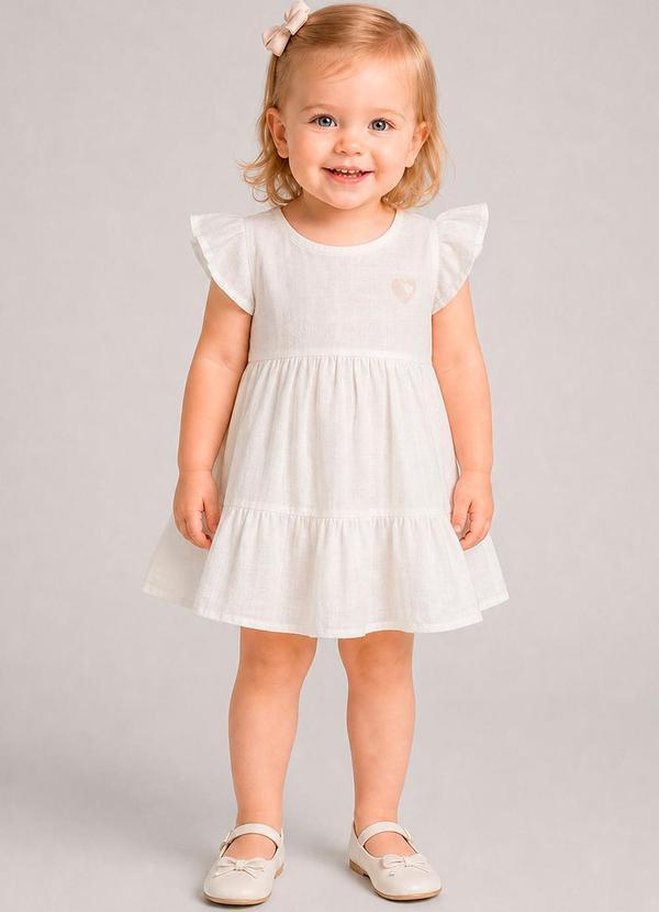 Vestido com Bordado e Saia em Camadas Bege