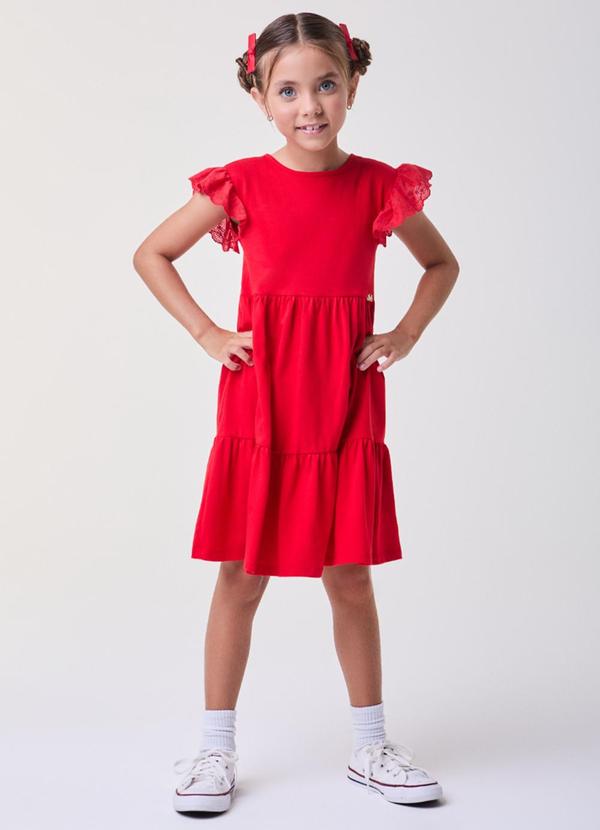 Vestido com Bordado Inglês nas Mangas Vermelho