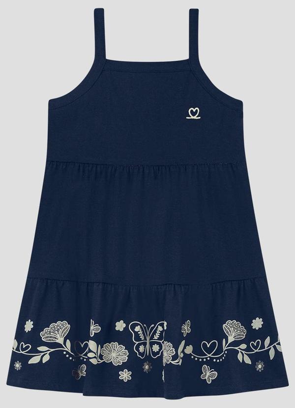 Vestido com em Relevo, Glitter e Aplique Azul