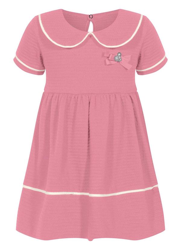 Vestido com Gola Boneca e Laço Decorativo Rosa