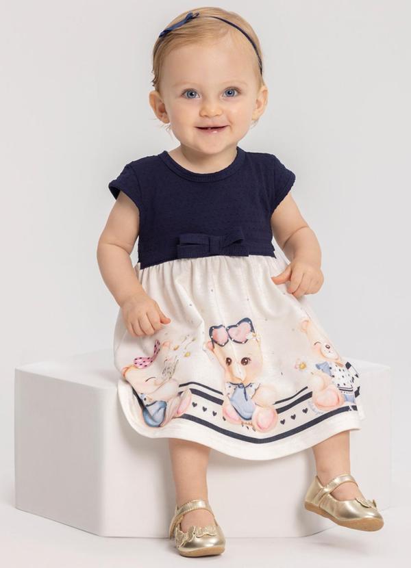 Vestido com Mangas Curtas e Laço Decorativo Azul