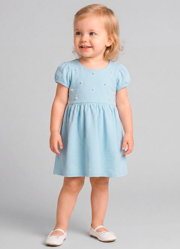 Vestido com Pérolas e Babados Azul