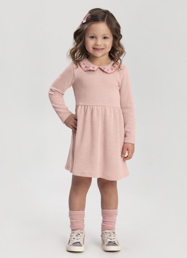 Vestido Curto com Gola Bordada Rosa