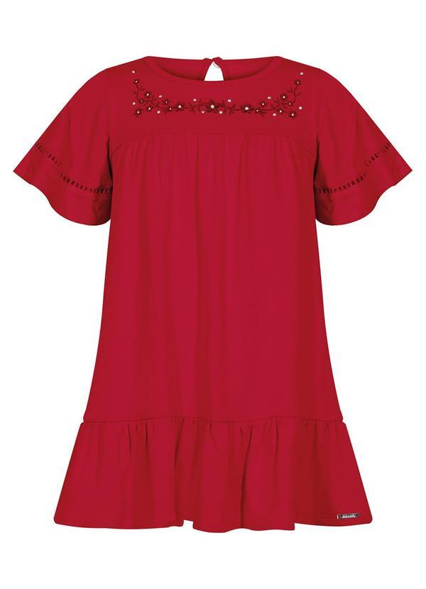 Vestido Curto de com Bordado e Strass Vermelho