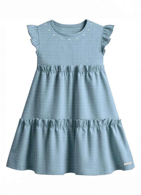 Vestido Curto em Babados com Pérolas Azul Pastel