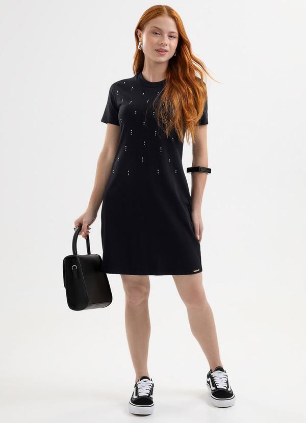Vestido Curto em Cotton com Aplicação Preto