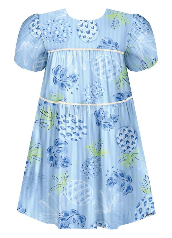 Vestido Curto Estampado com Manga Balonê Azul