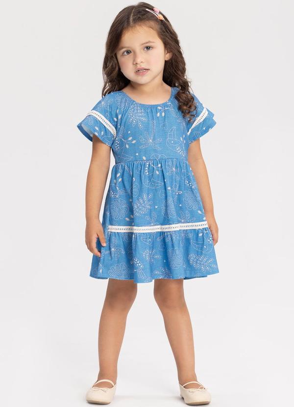 Vestido Curto Estampado com Mangas Curtas Azul