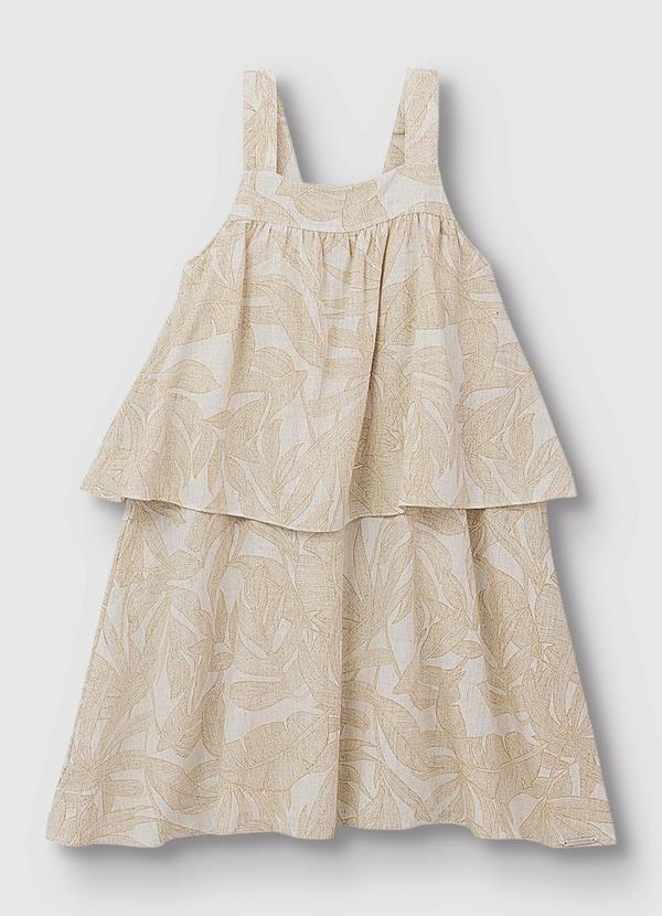 Vestido Curto Folhagens em Babados Bege