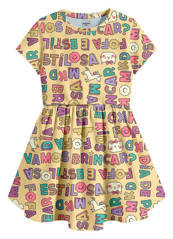 Vestido Curto Godê Letras Amarelo