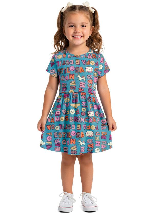 Vestido Curto Godê Letras Azul