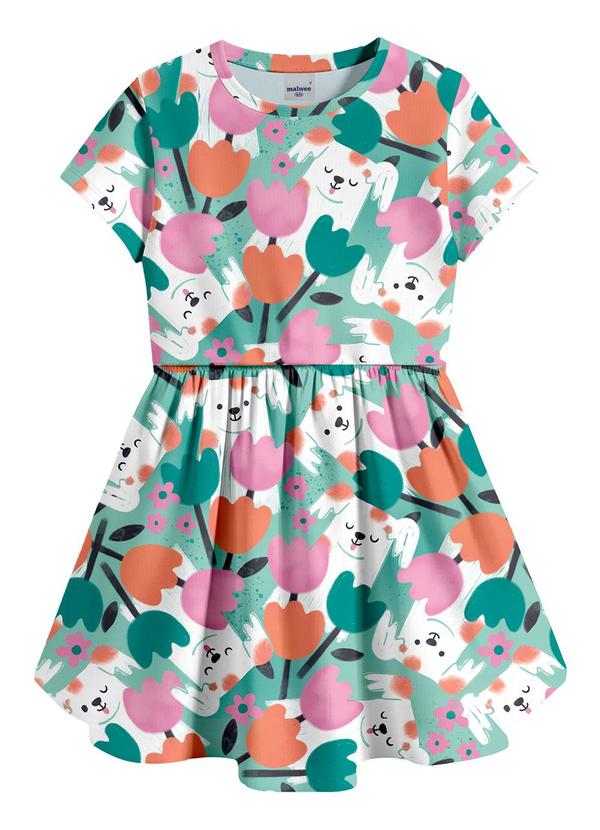 Vestido Curto Godê Tulipas Verde Turquesa