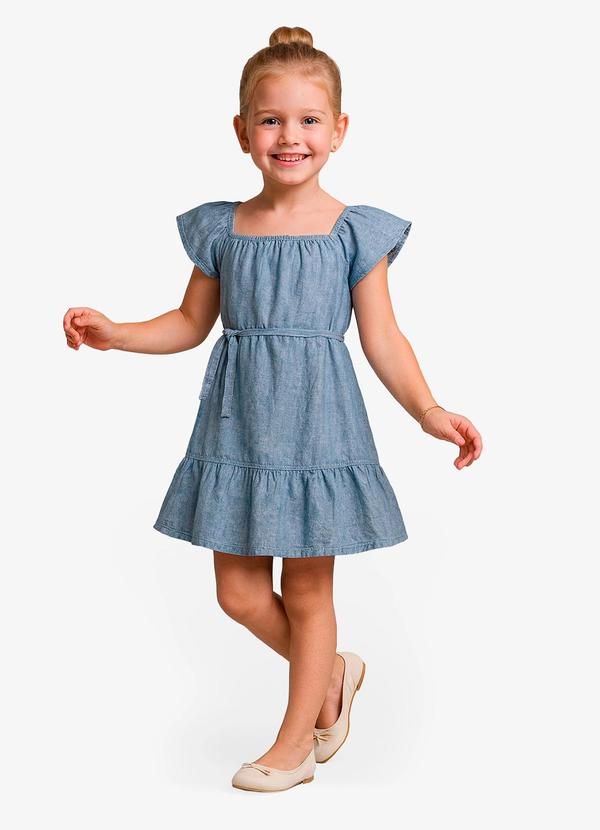 Vestido Curto Infantil com Cinto de Algodão Azul
