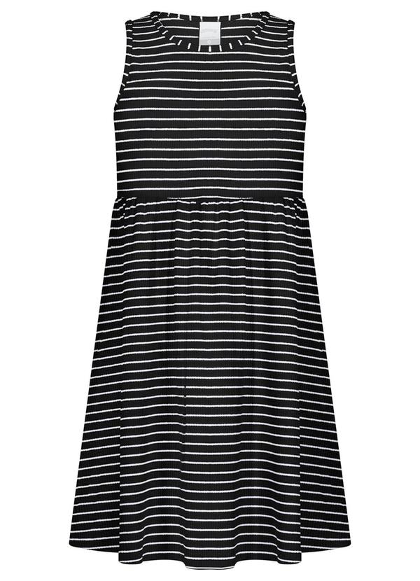 Vestido Curto Listrado em Malha Canelada Preto