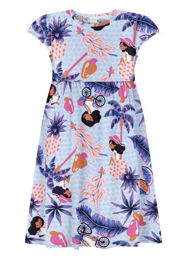 Vestido Curto Penteada Estampada Azul