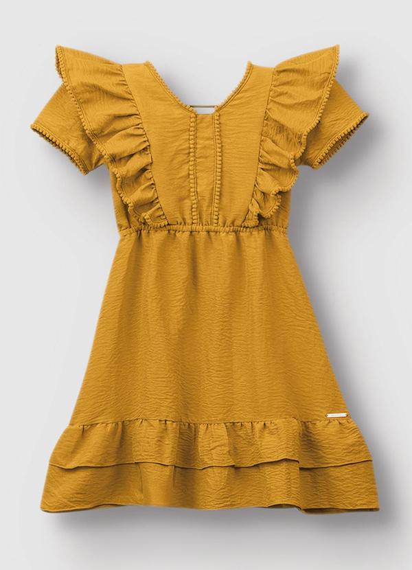 Vestido Curto Rodado com Babado Amarelo Mostarda