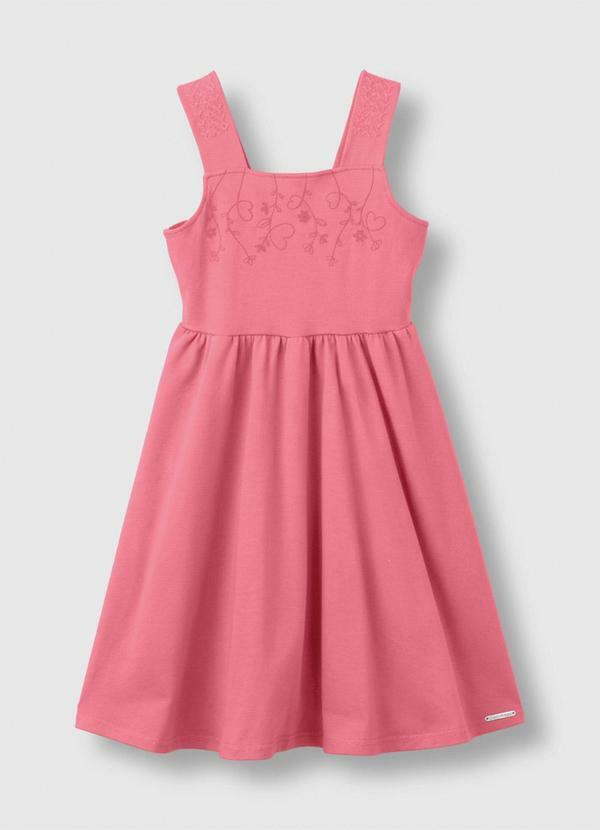 Vestido Curto Rodado com Bordado Rosa