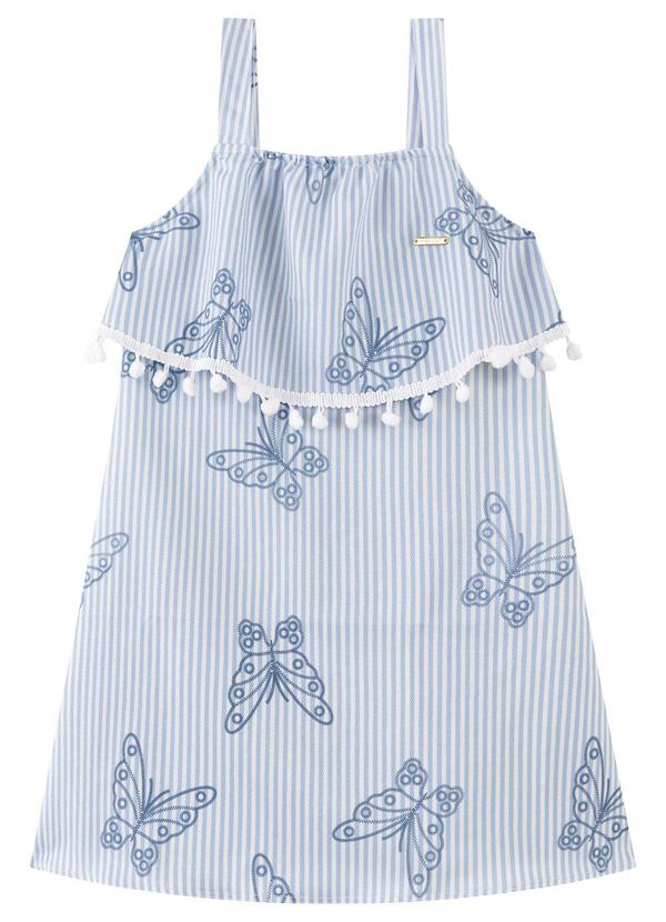 Vestido de Alças Infantil Menina com Pompom Azul