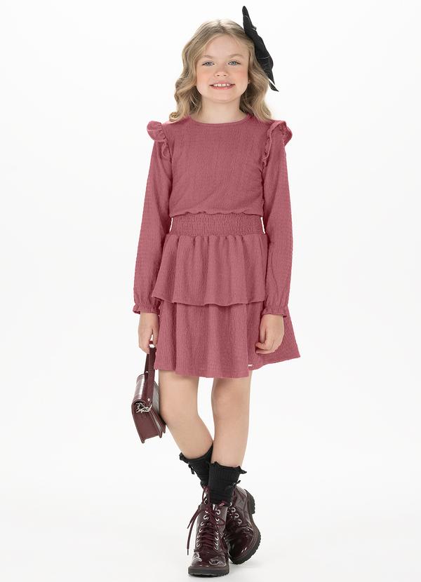 Vestido de Manga Longa Infantil com Babados Rosa