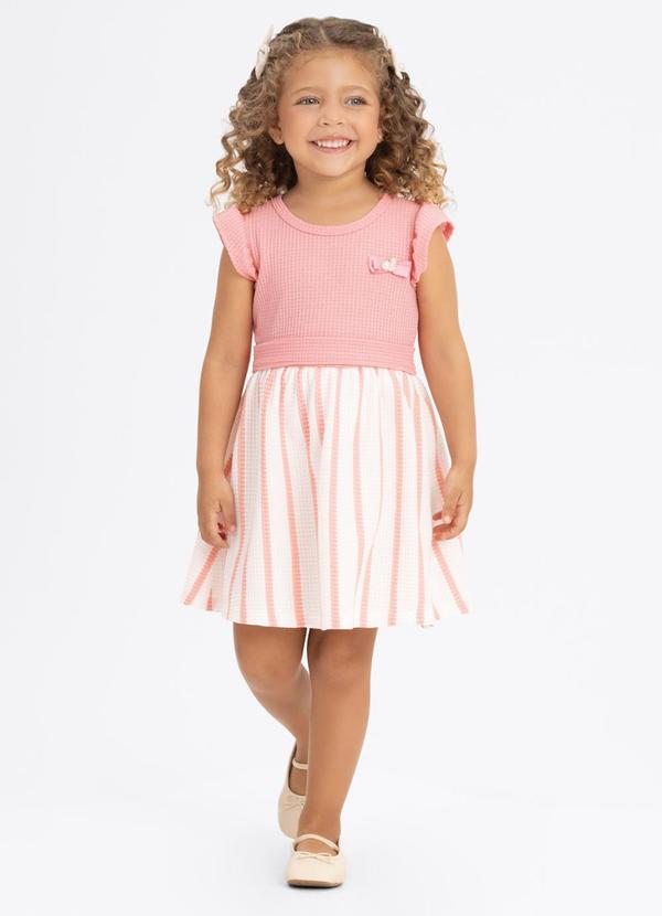 Vestido de Mangas Curtas em Malha Crochê Rosa