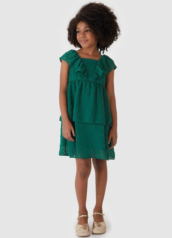 Vestido em Camadas Plumetis Brilho Verde Escuro