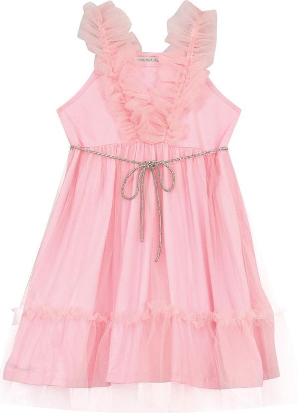 Vestido em Cotton Leve e Tule Rosa