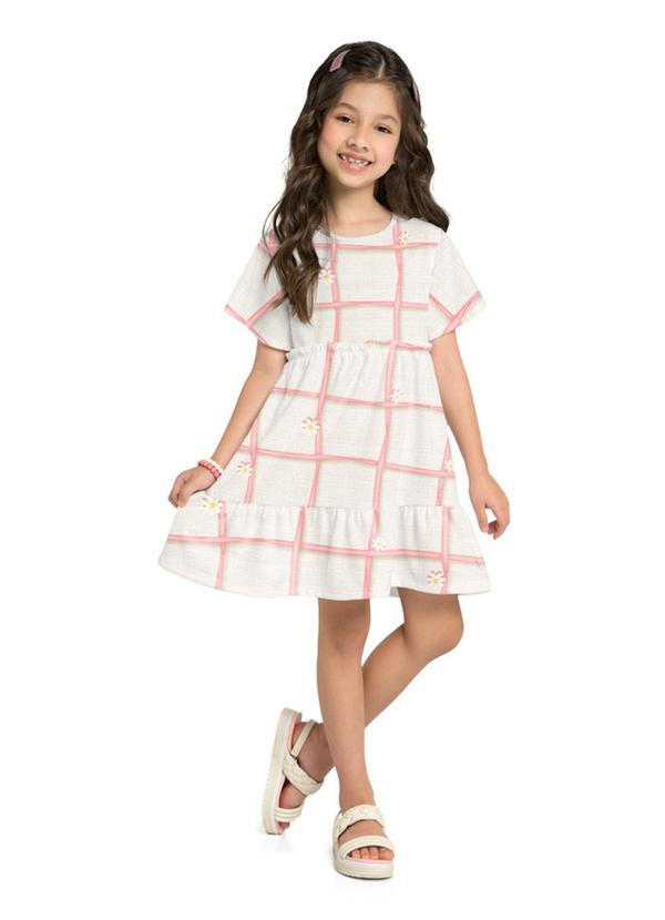 Vestido em Cotton Maquinetado Grid Junino Bege