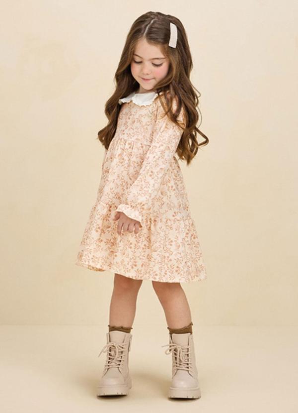 Vestido em Cotton Penteado Pássaros Bege