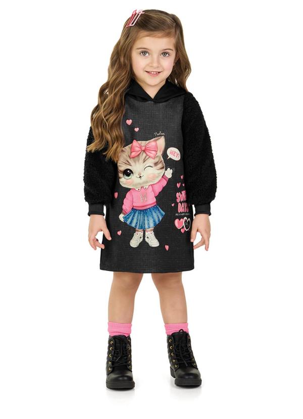 Vestido em Malha Newtech com Pelo Sherpa Preto