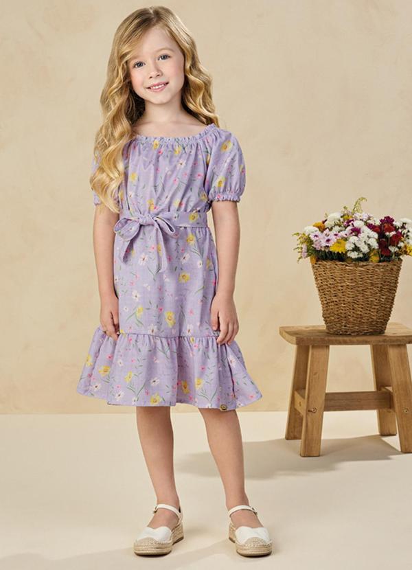 Vestido em Tecido Rajado Bosque Florido Roxo