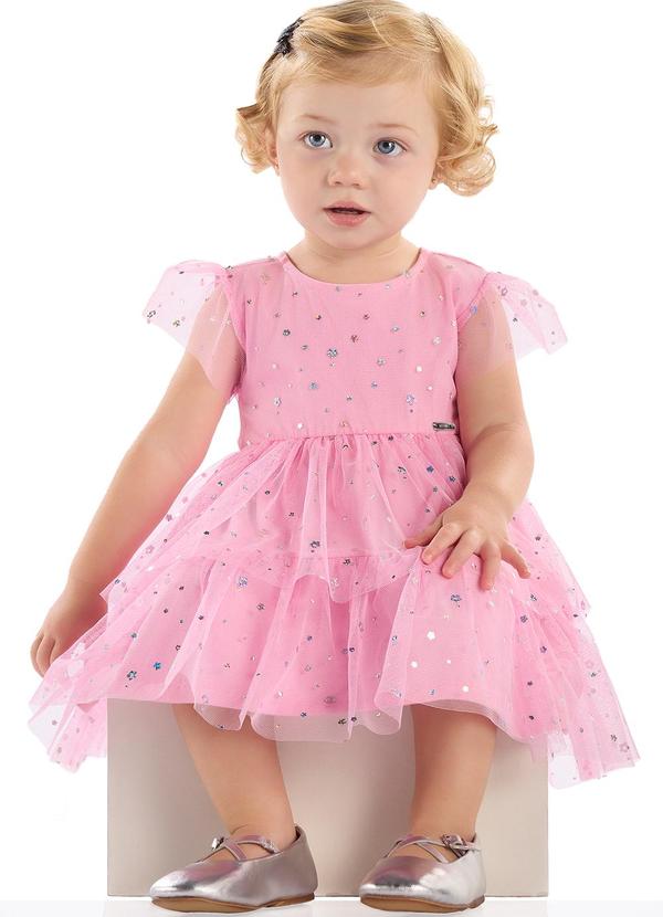 Vestido em Tule Forrado para Bebê Rosa
