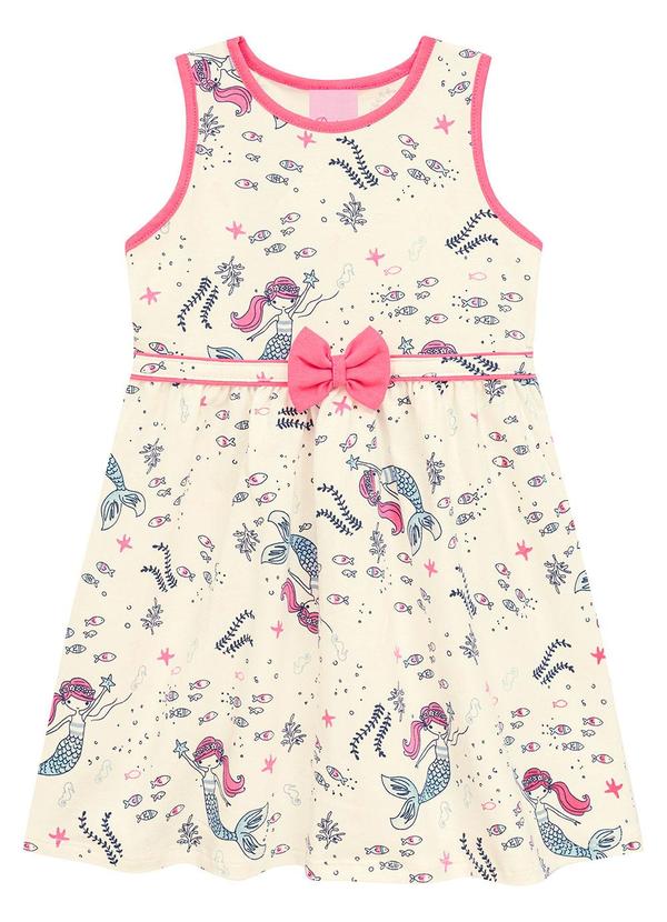 Vestido Estampa Sereia com Laço sem Mangas Bege