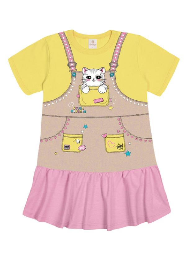 Vista 2 Vestido Estampado Amarelo e Rosa Abrange Abrange