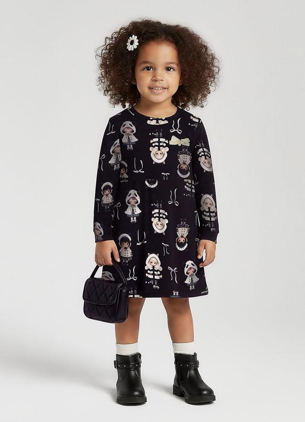 Vestido Estampado com Mangas Longas Preto
