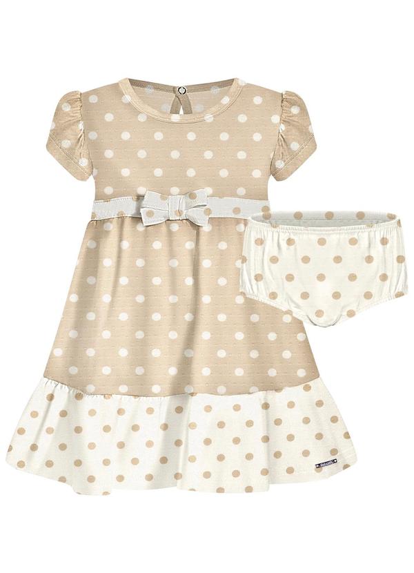 Vestido Estampado de Mangas Curtas com Laço Bege
