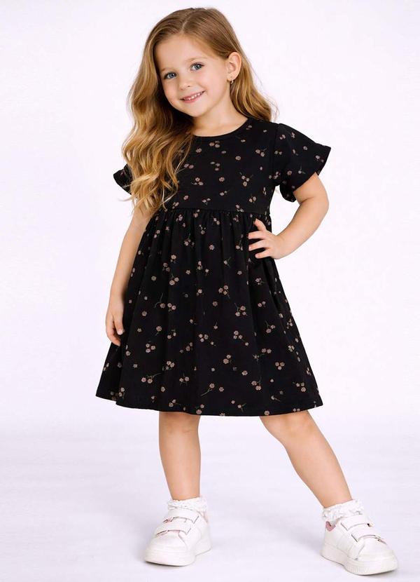 Vestido Estampado e com Manga Gode Preto