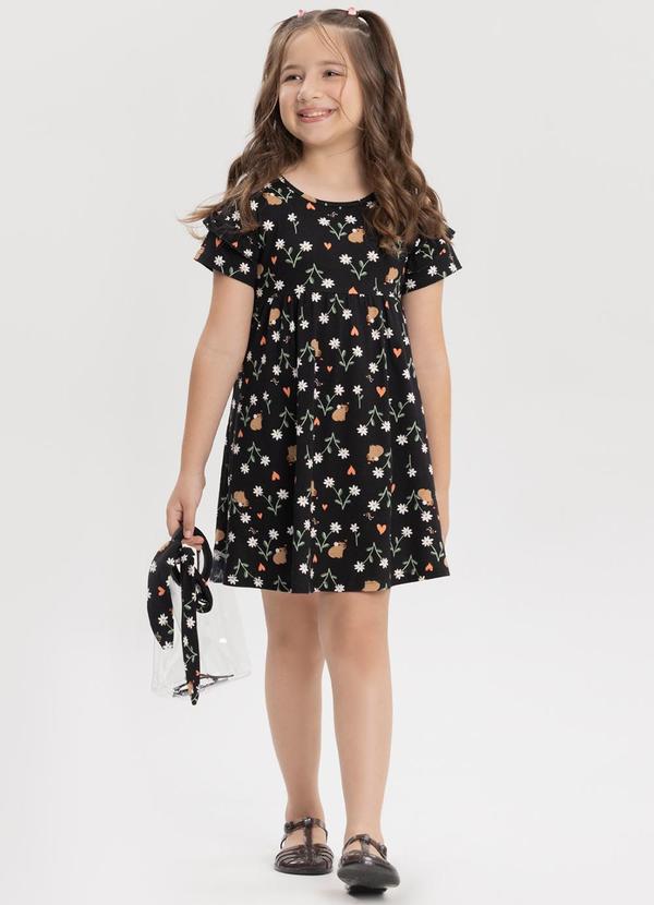 Vista 2 Vestido Estampado em Meia Malha Penteada Preto Alakazoo Alakazoo