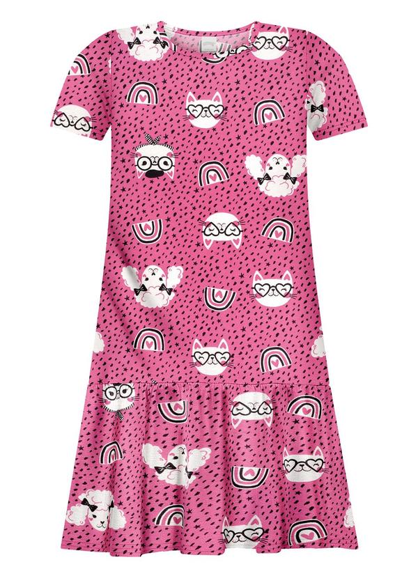 Vestido Estampado Penteada de Algodão Rosa