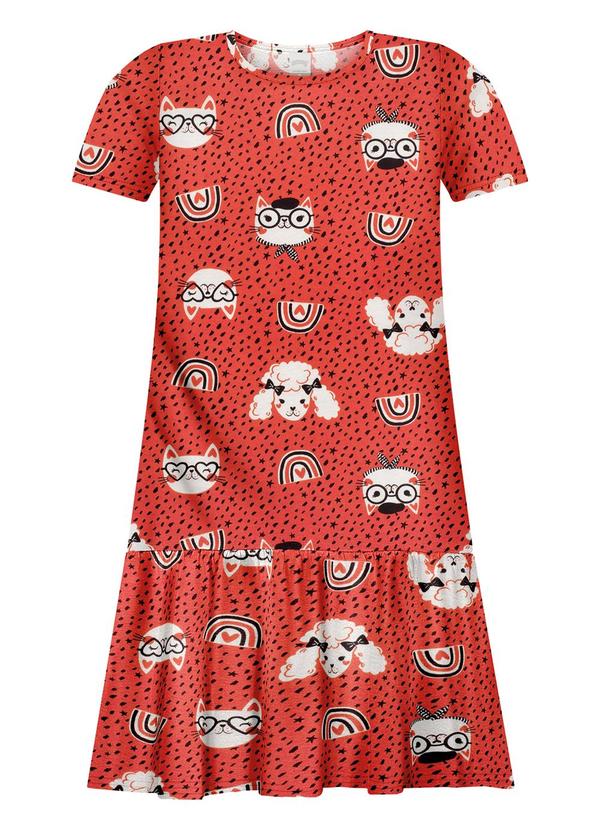 Vestido Estampado Penteada de Algodão Vermelho