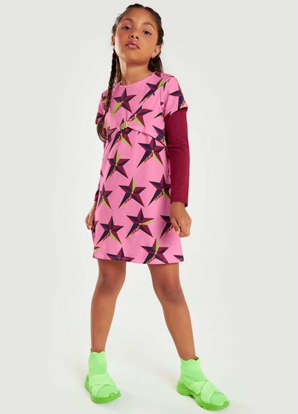 Vestido Estrelas Manga Curta Infantil Rosa