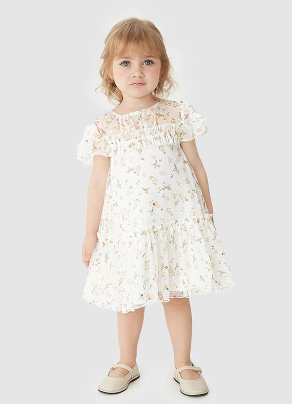 Vestido Evasê em Tule Floral Off White