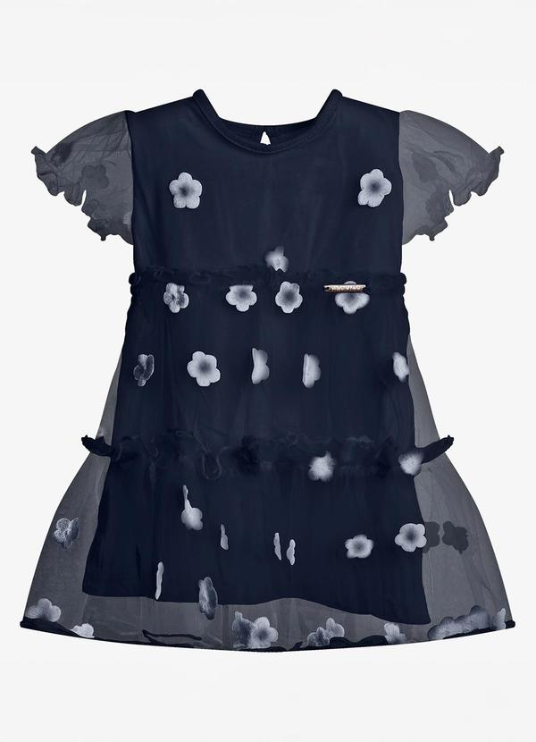 Vestido Feminino Tule Bordado Floral Azul