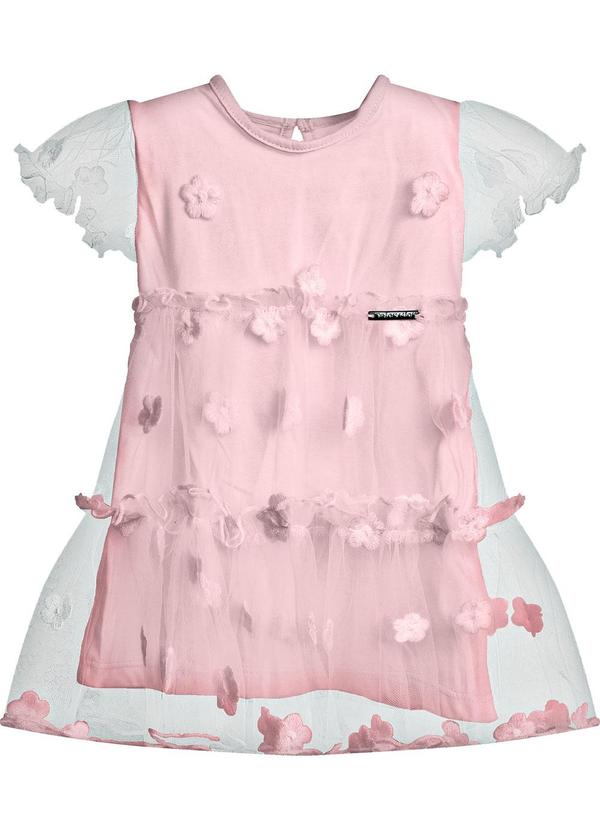Vestido Feminino Tule Bordado Floral Rosa