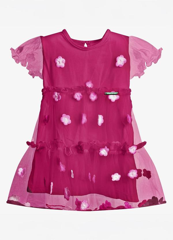 Vestido Feminino Tule Bordado Floral Rosa