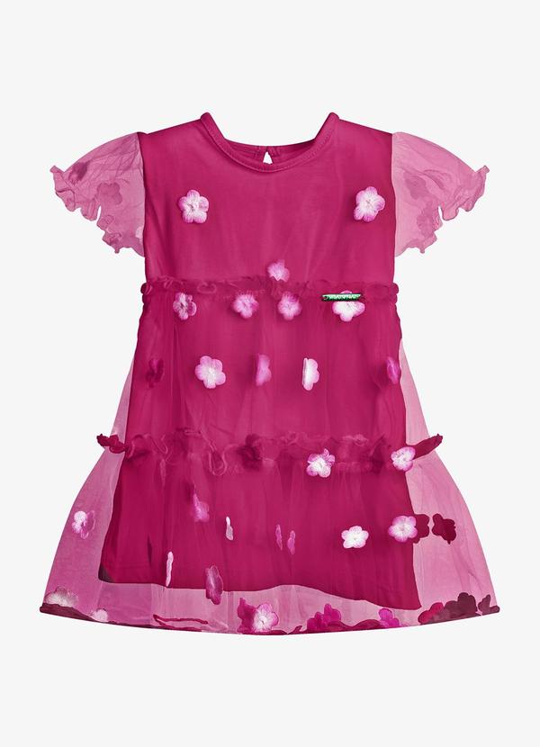 Vestido Feminino Tule Bordado Floral Rosa