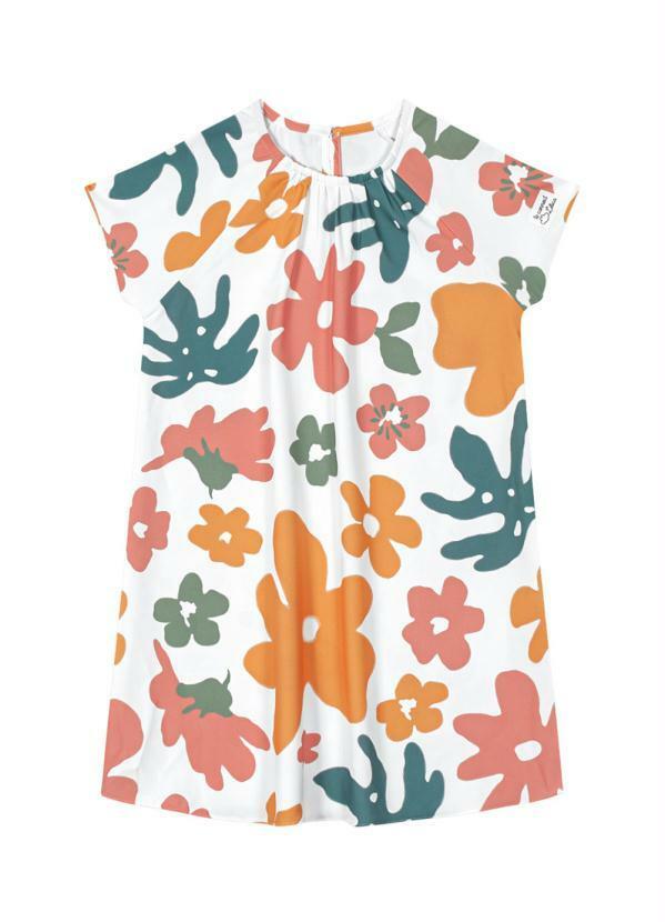 Vestido Floral Tecido Crepe Branco