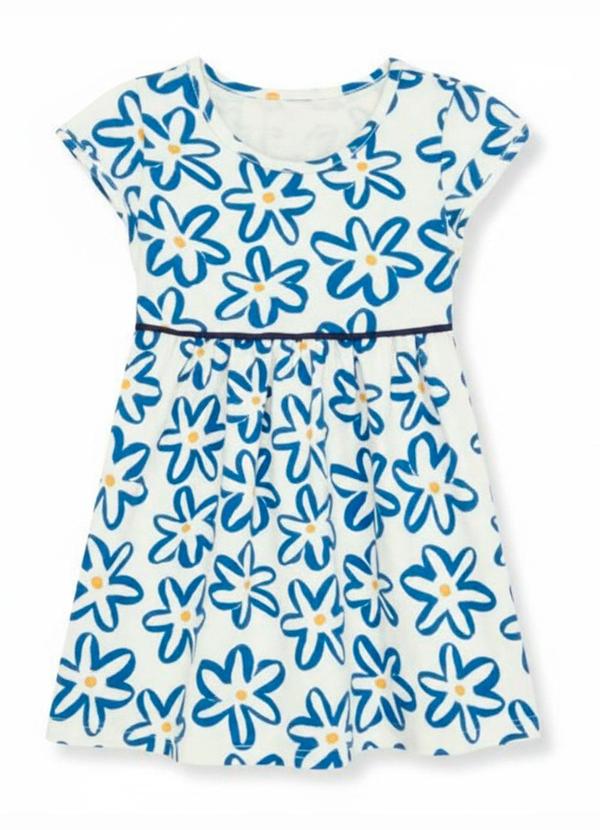 Vestido Flores com Recorte na Cintura Azul