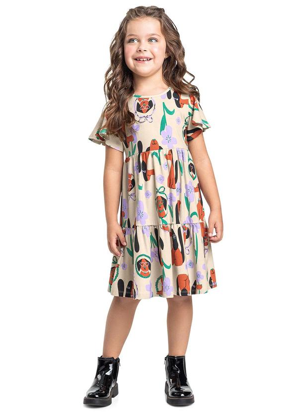 Vestido Flores e Focinhos Infantil Bege